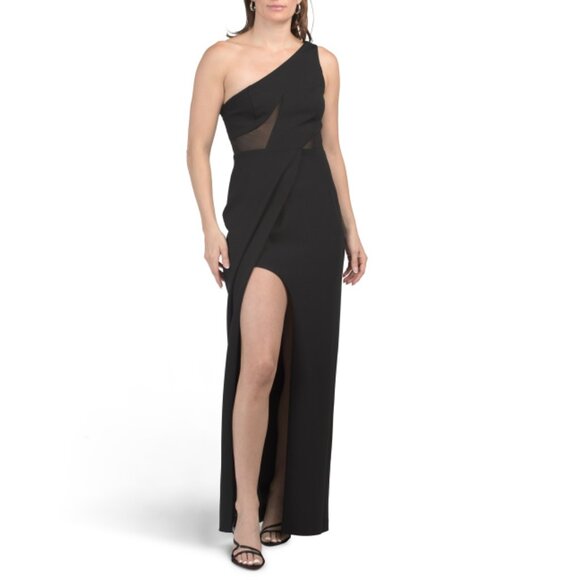 ADRIANNA BY ADRIANNA PAPELL Black One Shoulder Mesh Insert Gown - Picture 1 of 2